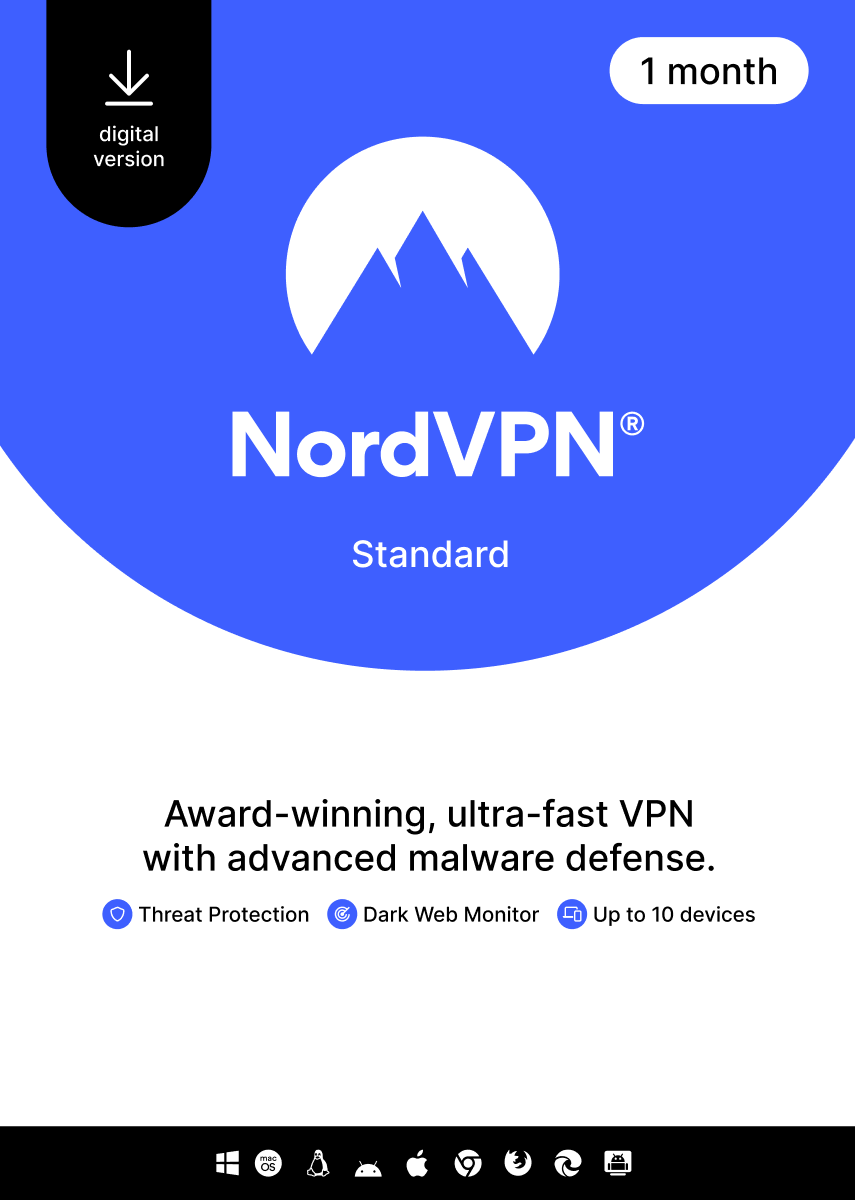 NordVPN Standard - 1 Month - 10 Devices (PC/MAC/Mobile) VPN & Cybersecurity Software Subscription