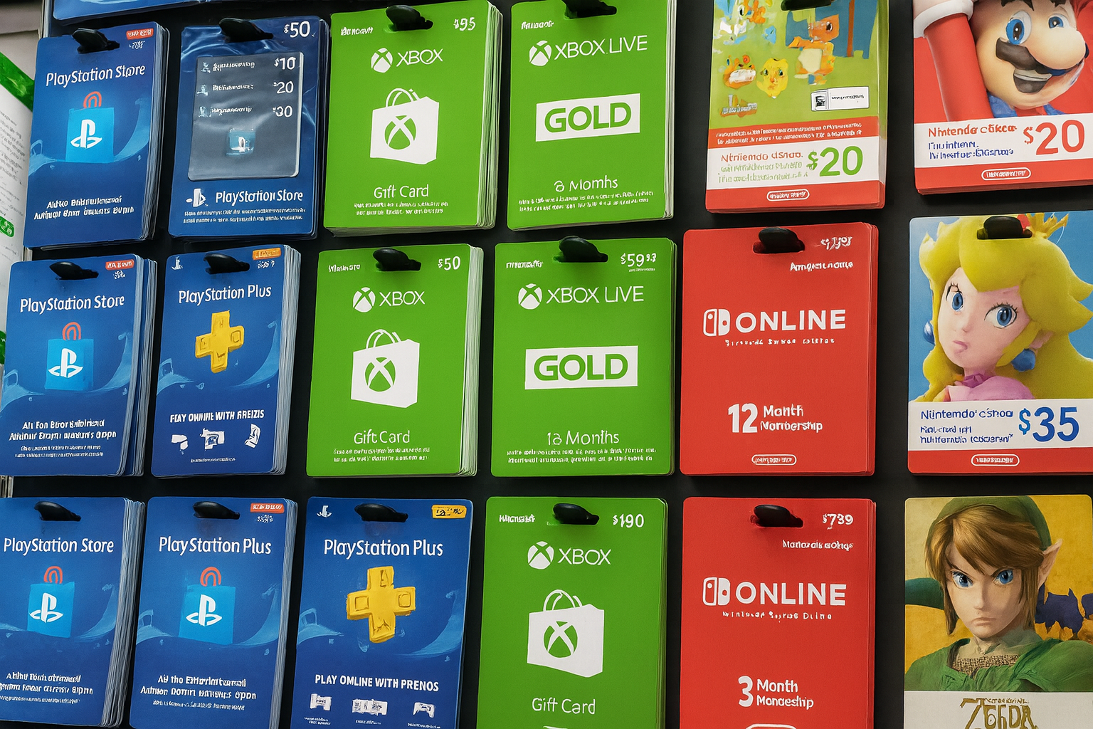 Retail shelf with several Xbox card denominations in green packaging alongside other gaming gift cards.