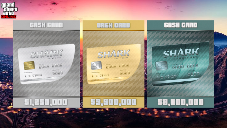 Comparison of Great White, Whale, and Megalodon GTA Shark Cards with in-game money value.