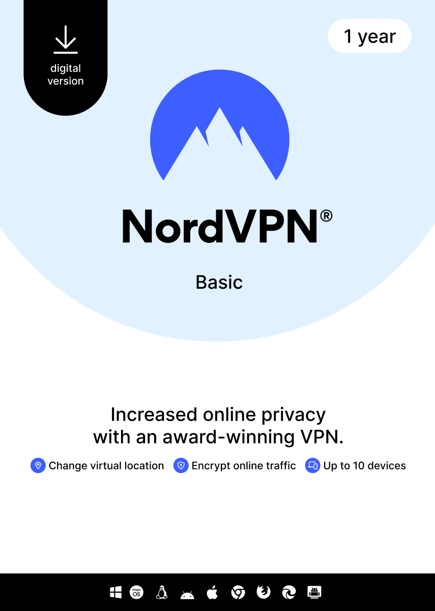 NordVPN Basic - 1 Year - 10 Devices (PC/MAC/Mobile) Premium VPN Software Subscription