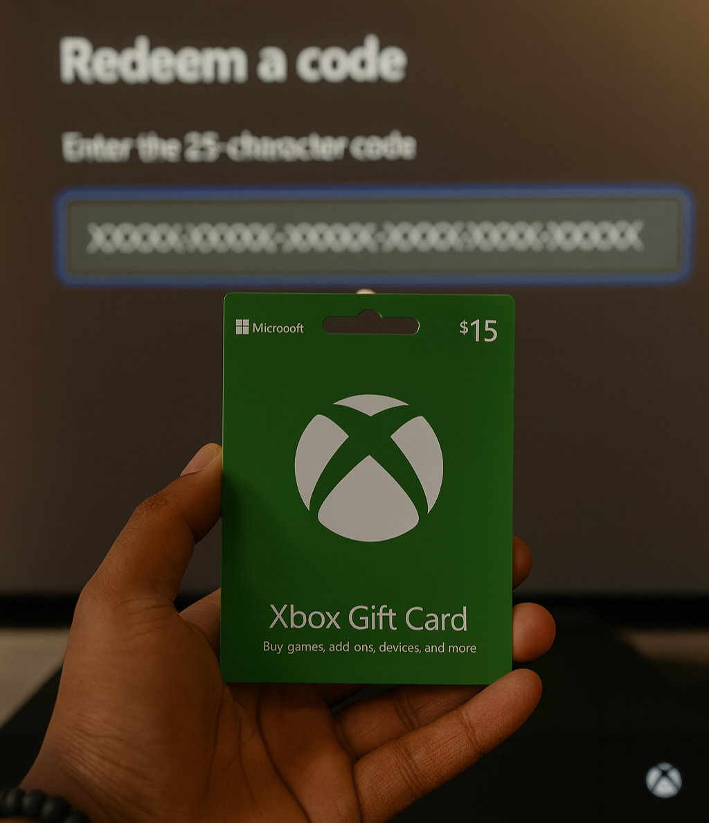 Hand holding a digital Xbox gift card code over a gaming console setup with controllers.