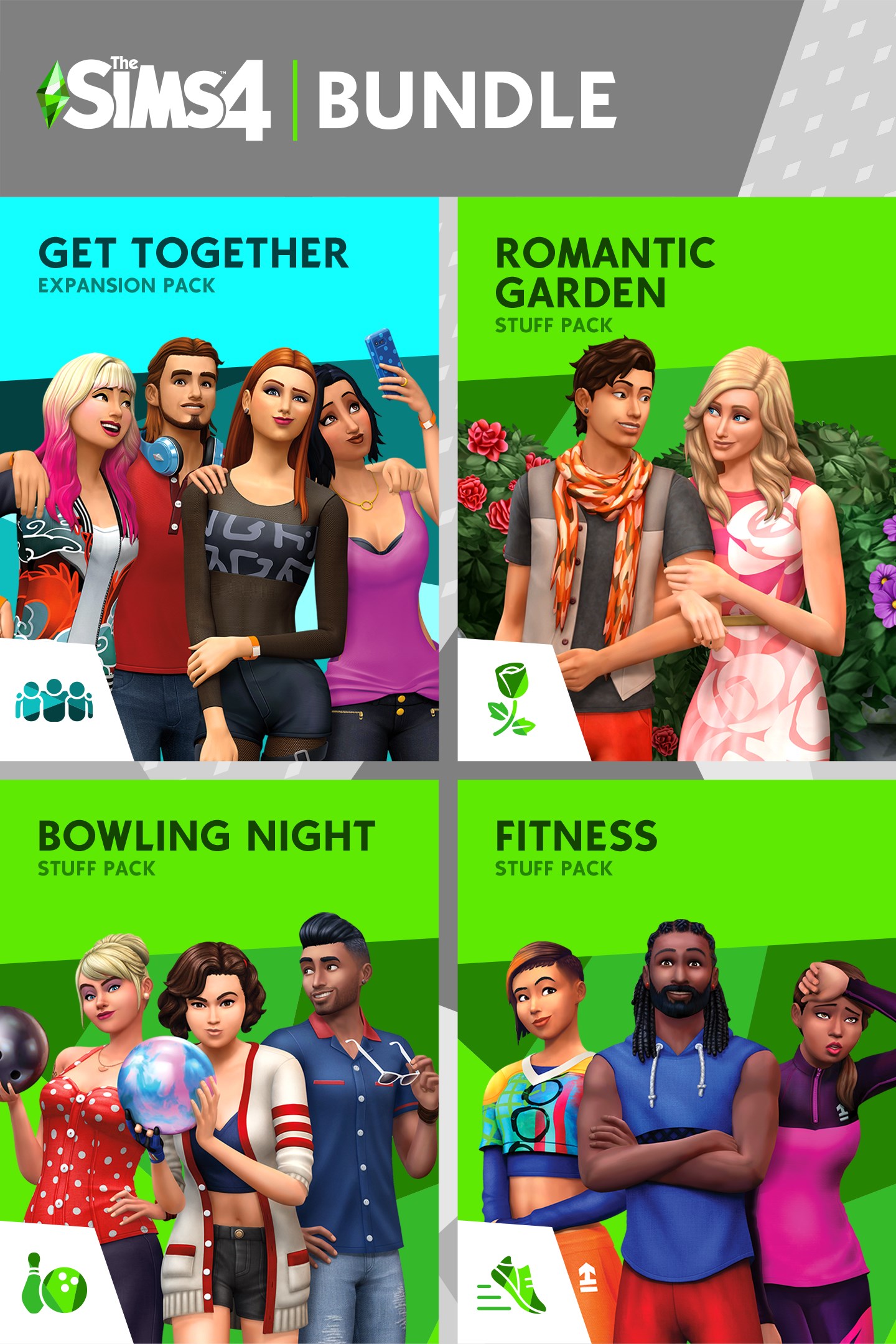 The Sims™ 4 Back to School Bundle – Get Together, Romantic Garden Stuff, Bowling Night Stuff, Fitness Stuff (DLC)