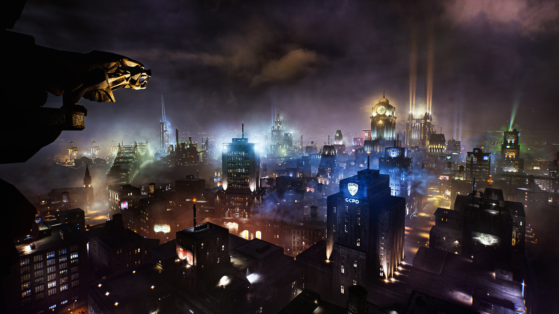 A dark and atmospheric view of Gotham City, with towering skyscrapers, glowing neon signs, and a misty skyline, capturing the city's gritty and ominous tone.