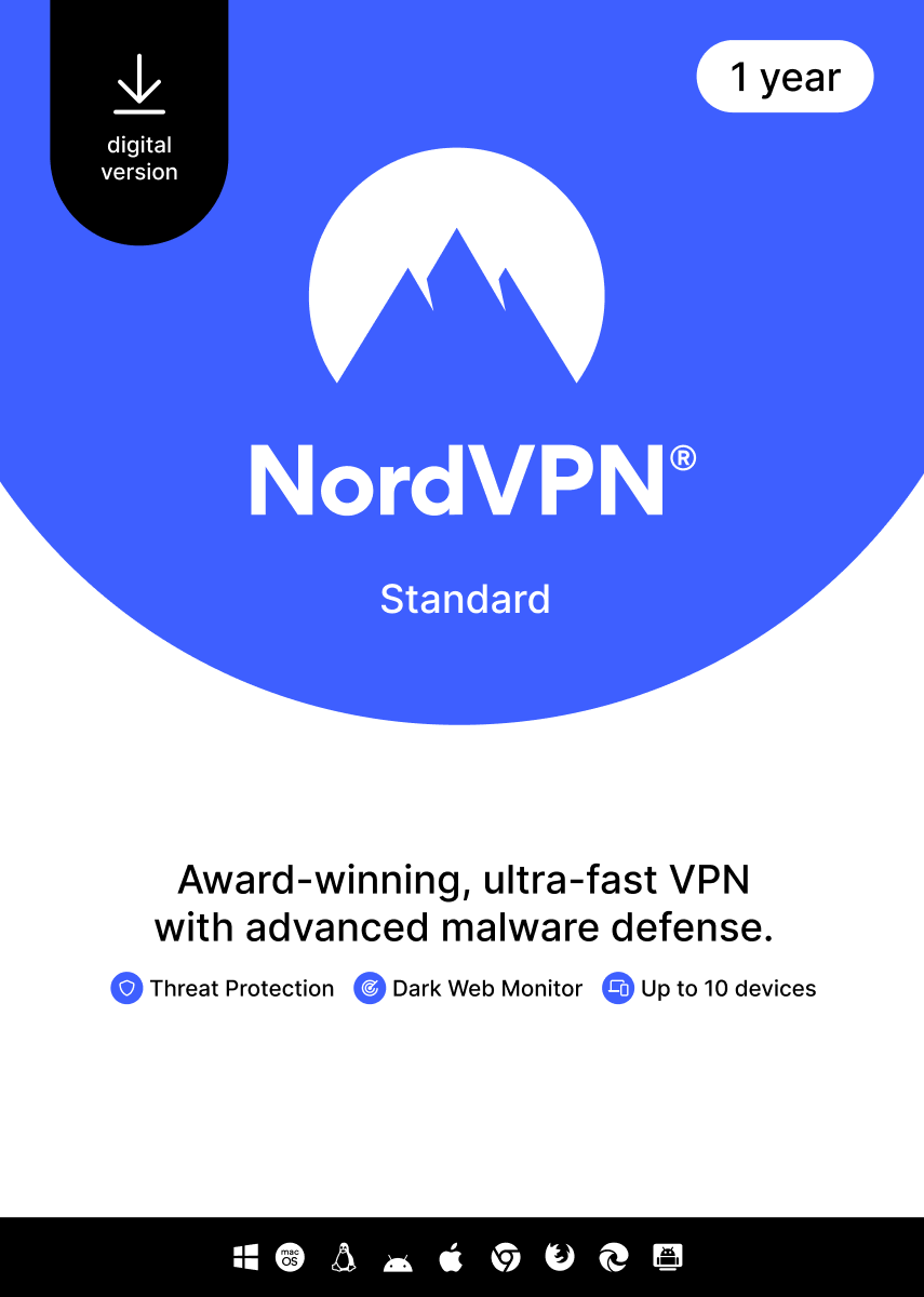 NordVPN Standard - 1 Year - 10 Devices (PC/MAC/Mobile) VPN & Cybersecurity Software Subscription