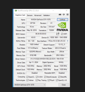 Asus GeForce GTX 1070 8 GB 1632-1860 Mhz PCIe x16 GPU