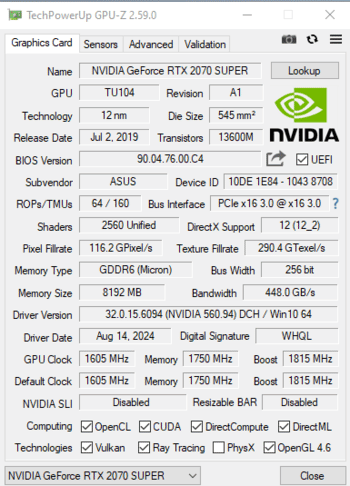 Asus GeForce RTX 2070 SUPER 8 GB 1635-1845 Mhz PCIe x16 GPU