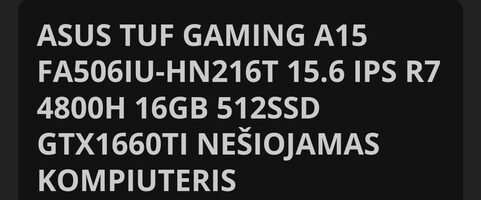 Get Asus TUF A15 AMD Ryzen 7 4800H AMD GeForce GTX 1660 Ti / 16GB DDR4 / 512GB NVME / 90 Wh / 802.11 ac / Silver