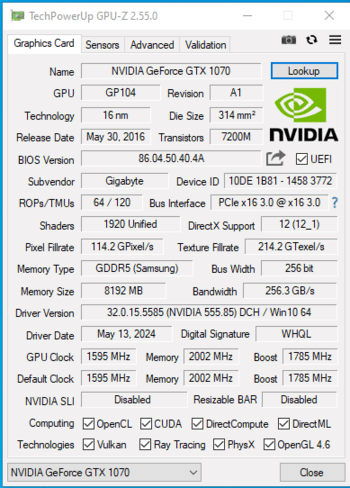 Gigabyte GeForce GTX 1070 8 GB 1594-1822 Mhz PCIe x16 GPU