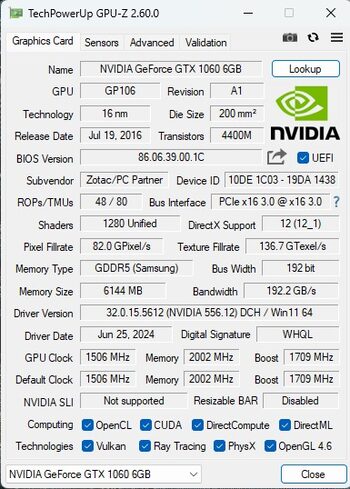 Redeem Zotac GeForce GTX 1060 6GB 6 GB 1506-1708 Mhz PCIe x16 GPU