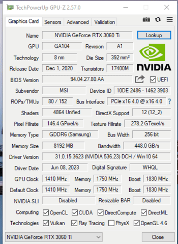 MSI GeForce RTX 3060 Ti 8 GB 1410-1830 Mhz PCIe x16 GPU