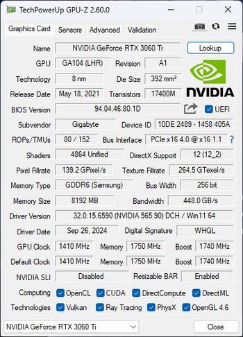 Gigabyte GeForce RTX 3060 Ti 8 GB 1410-1665 Mhz PCIe x16 GPU