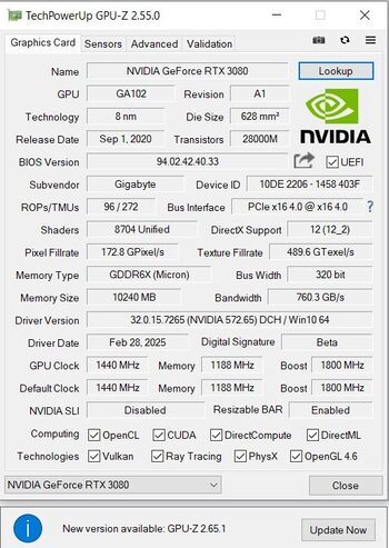 Gigabyte GeForce RTX 3080 10 GB 1440 Mhz PCIe x16 GPU