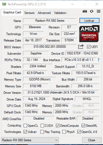 Sapphire Radeon RX 580 8 GB 1257-1411 Mhz PCIe x16 GPU