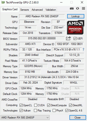 Sapphire Radeon RX 580 8 GB 1257-1450 Mhz PCIe x16 GPU