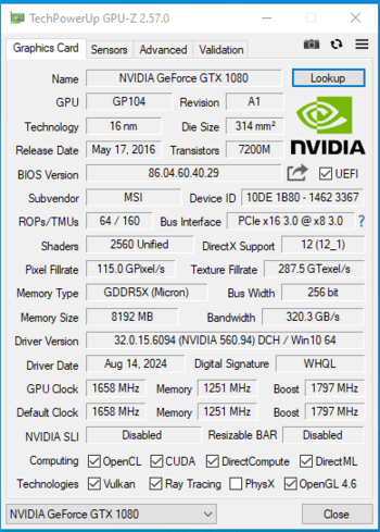 MSI GeForce GTX 1080 8 GB 1657-1797 Mhz PCIe x16 GPU