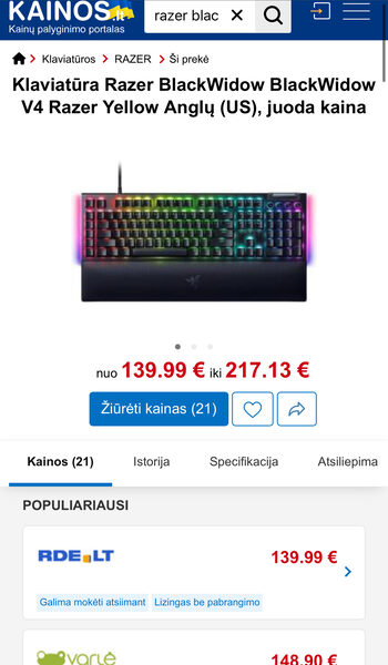 Redeem RGB MECHANINĖ RAZER BLACKWIDOW V4 KLAVIATŪRA