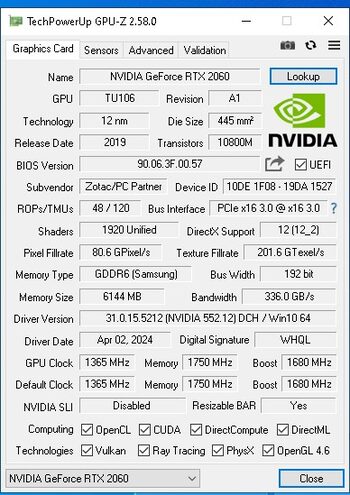 Zotac GeForce RTX 2060 6 GB 1365-1680 Mhz PCIe x16 GPU for sale