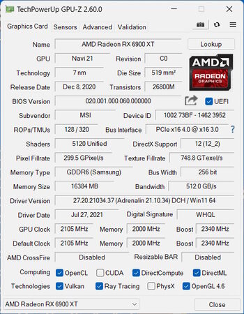 MSI Radeon RX 6900 XT 16 GB 1825 Mhz PCIe x16 GPU