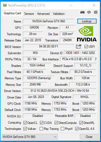 MSI GeForce GTX 960 2 GB 1216-1279 Mhz PCIe x16 GPU