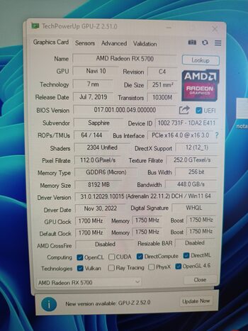 Sapphire Radeon RX 5700 8 GB 1540-1750 Mhz PCIe x16 GPU